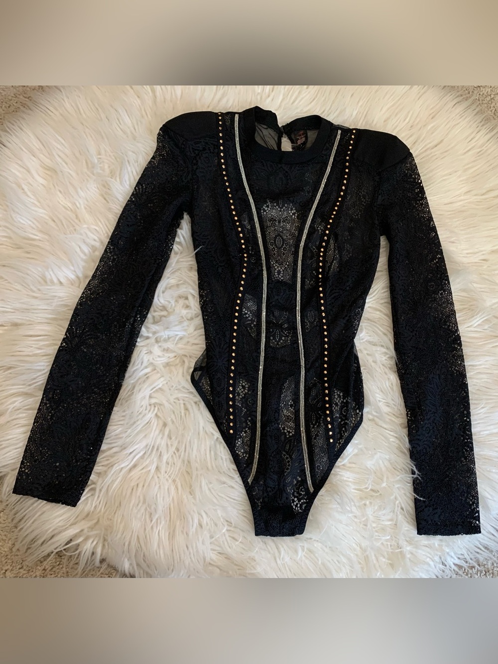 Victoria's Secret Lace Studded Long Sleeve Bodysuit Black Size XS